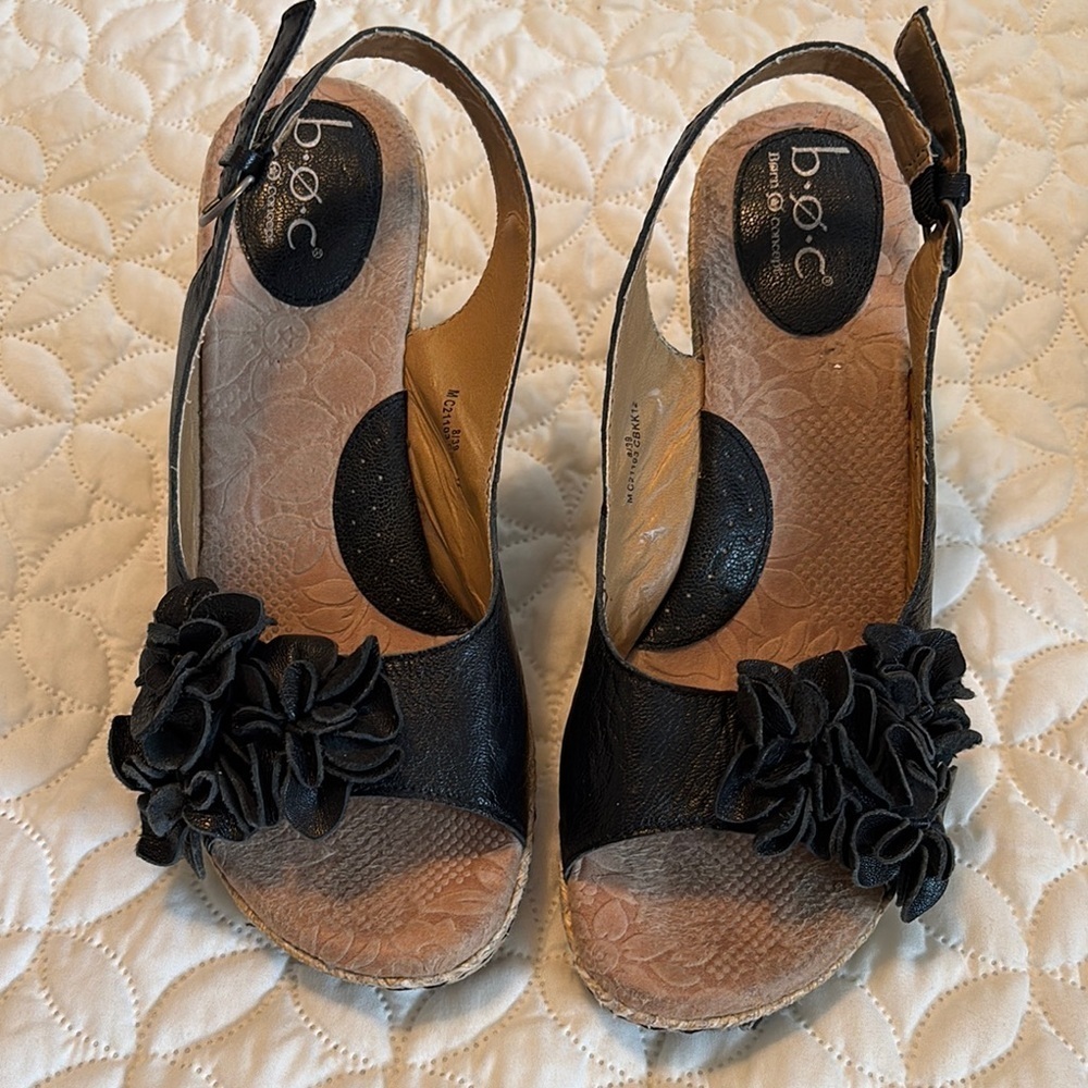 b.o.c. Black Espadrille Slingback 3.5” Straw Woven Heels Shoes Floral Sandals